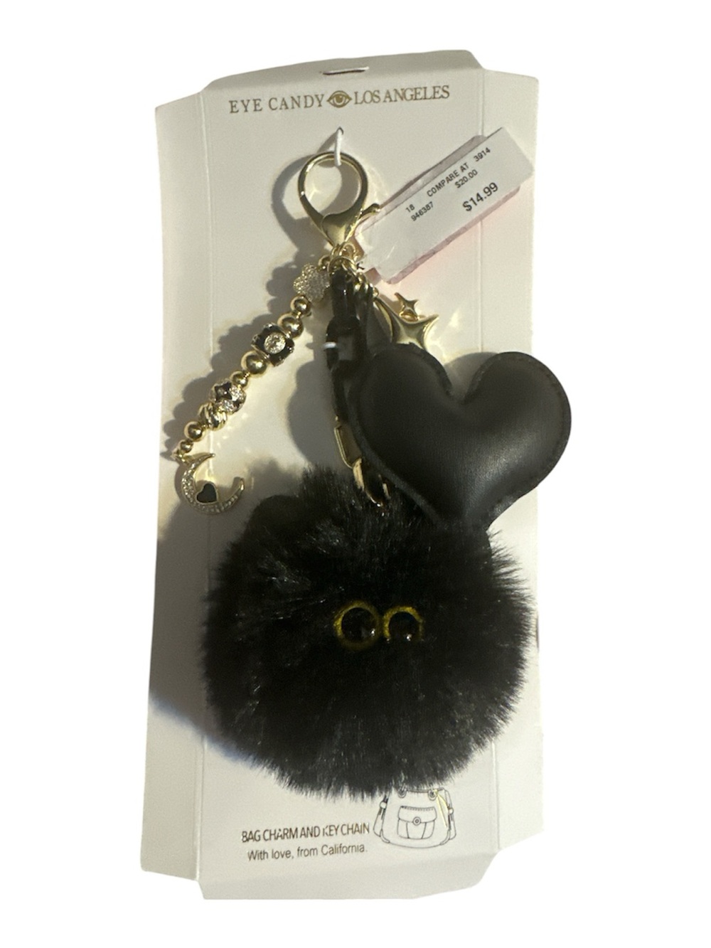 NWT eye candy Black Heart & Pom Pom Keychain with Gold Accents star moon 🌙